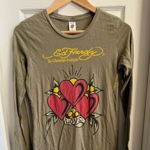 Ed Hardy By Christian Audigier Y2K Long Sleeve Shirt M Green Grunge Streetwear